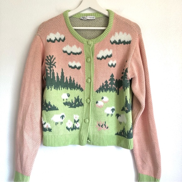 Zara Sweaters - Zara Pink and Light Green Scenic Knit Cardigan
